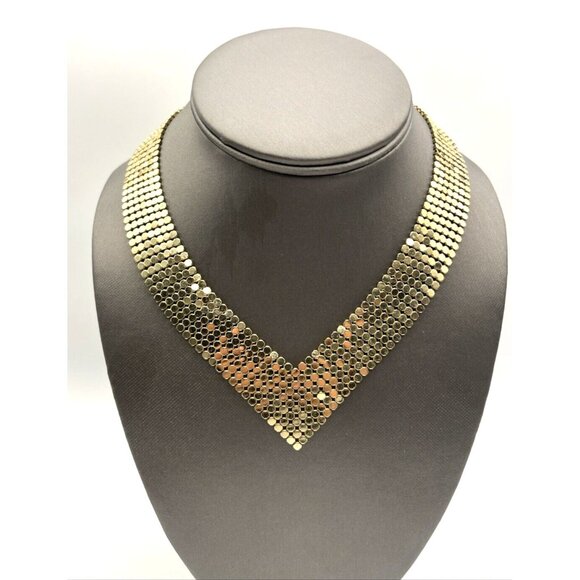 Vintage Mesh V Shaped Collar Necklace Gold Tone 16” - Picture 4 of 6
